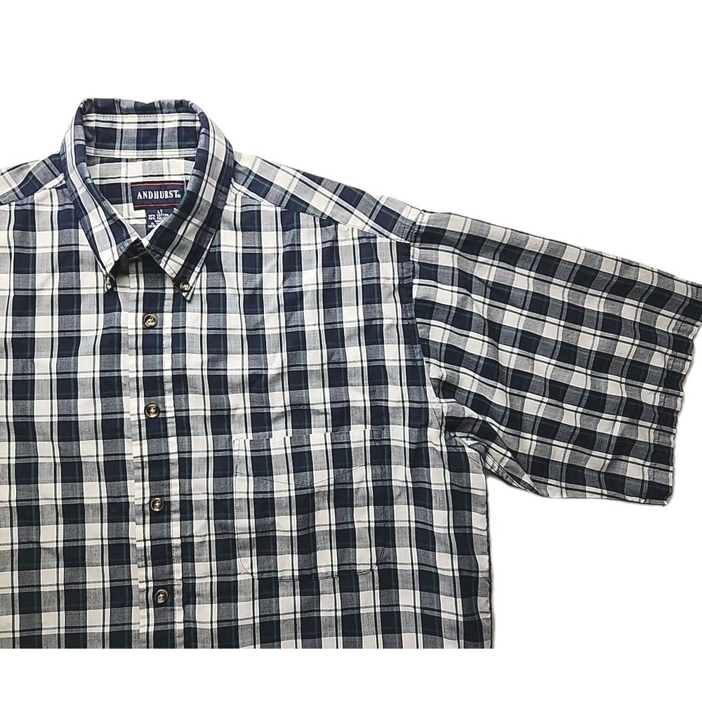 Andhurst Large Tall Men's Navy/White Western Plaid Button Up Short Sleeve EUC